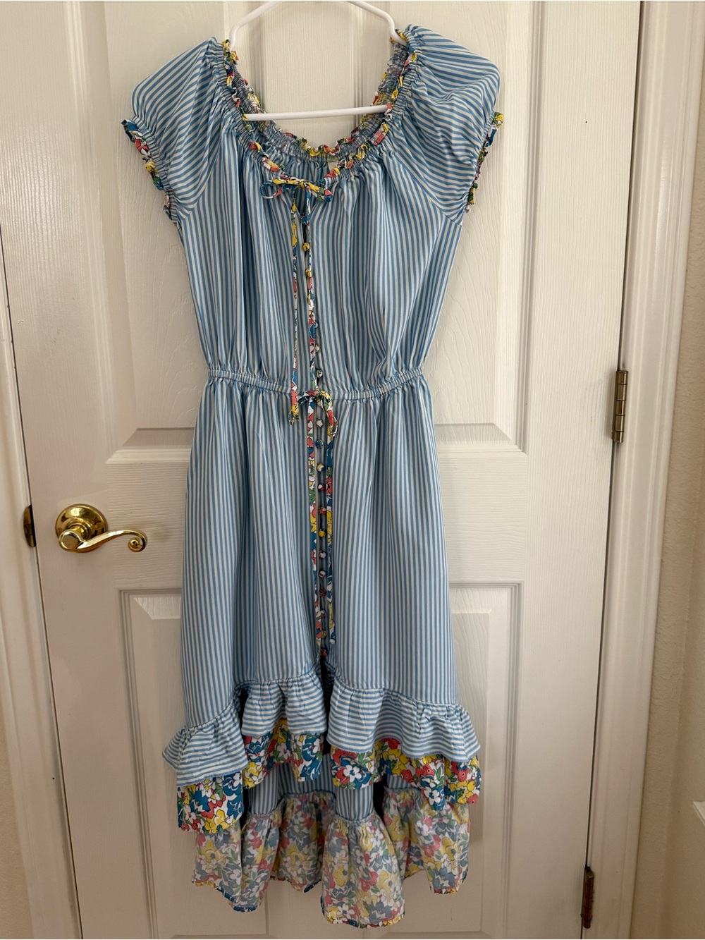 Matilda Jane Blue and White Striped Dress with Floral Trim